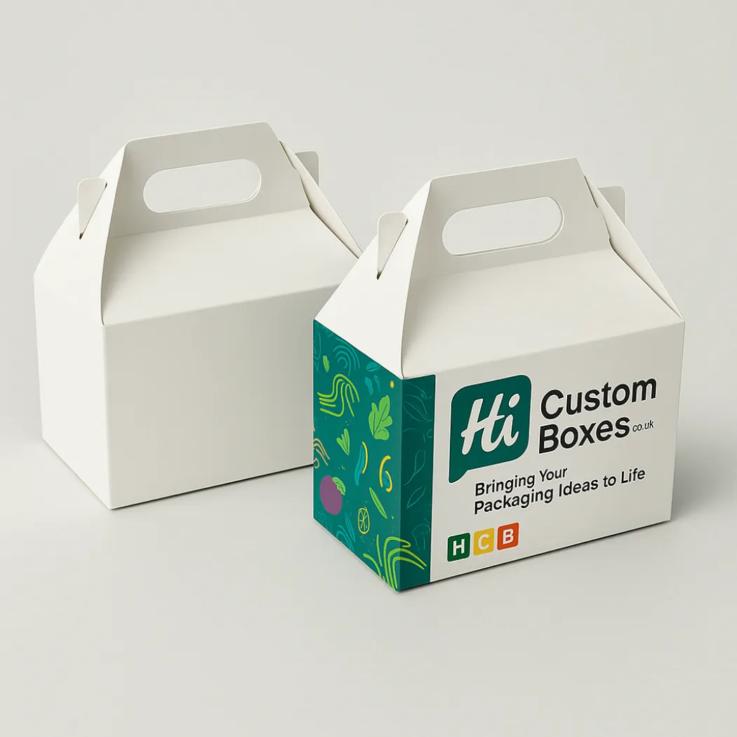 Two wholesale gable noodle boxes with handles- showcasing a plain white and a branded design- class=